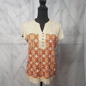 Laura Scott Rust Tan Boho Retro Granola Hippie Blouse Size S